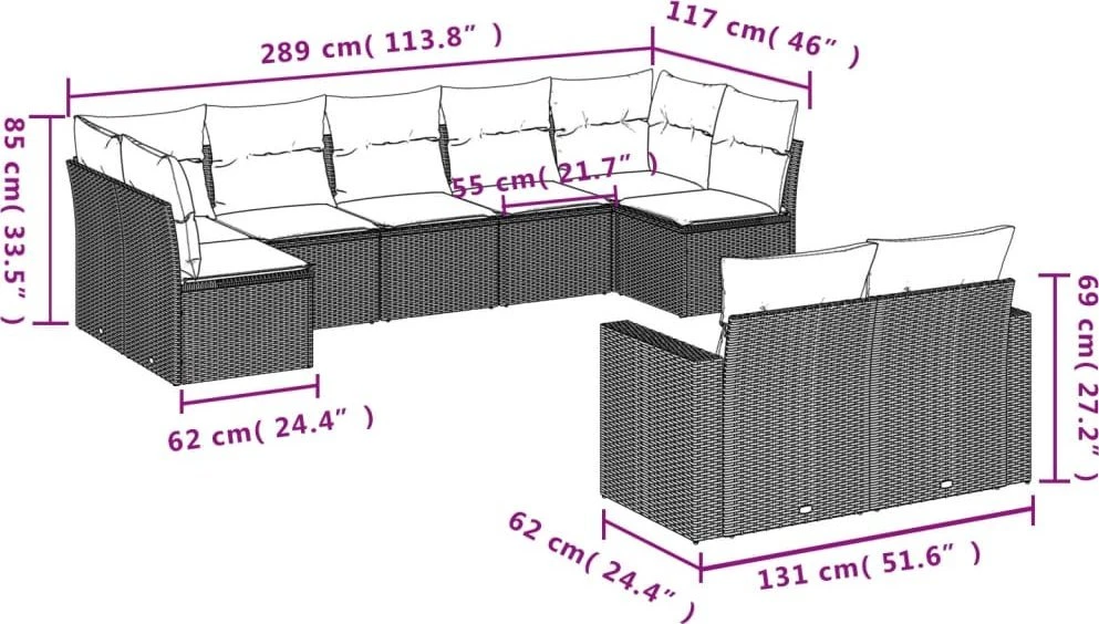 Sofa Sofos komplektas su pagalvėlėmis, 9 dalių, juodas, poliratanas