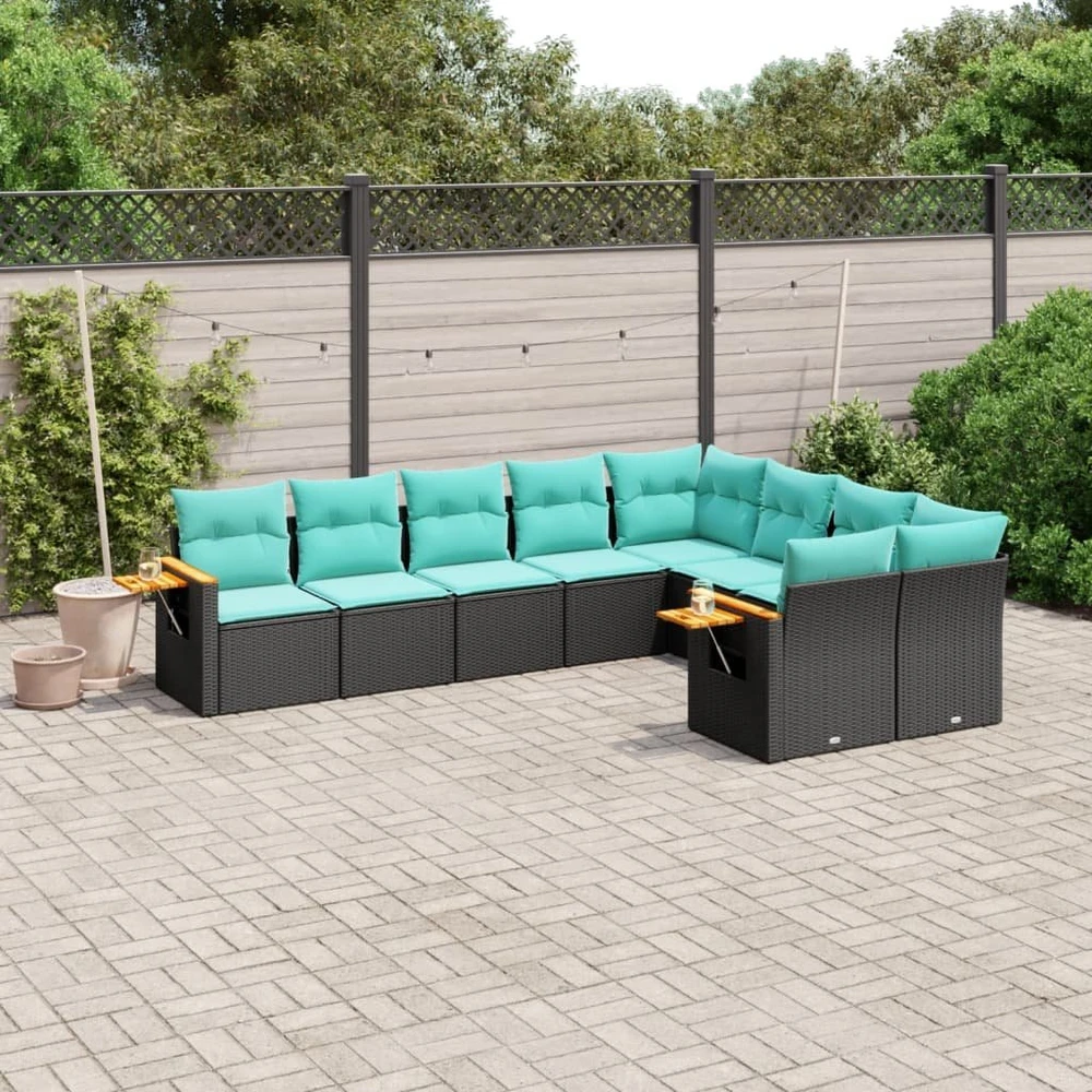 Sofa Sofos komplektas su pagalvėlėmis, 9 dalių, juodas, poliratanas