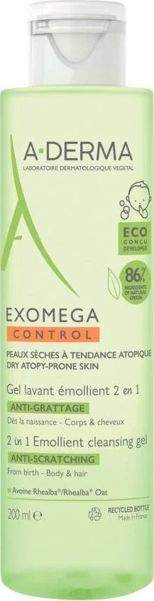 A-Derma Exomega Control minkštinamasis valomasis gelis 2 viename, 200 ml