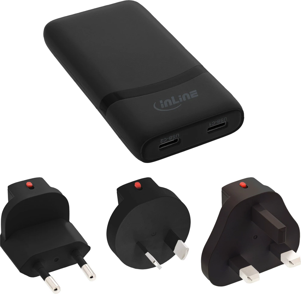 AAD Productions InLine USB kelioninis maitinimo adapteris-įkroviklis – dvigubas USB-C – PD PPS – 65W – plokščias – juodas