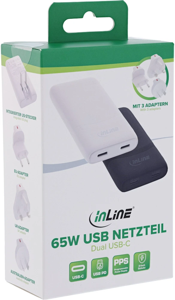 AAD Productions InLine USB kelioninis maitinimo adapteris-įkroviklis – dvigubas USB-C – PD PPS – 65W – plokščias – juodas