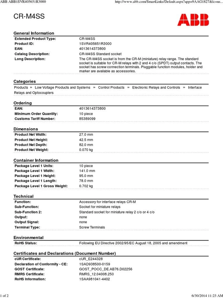 ABB Laikiklis CR-M4SS relė CR-M 2c/o arba 4c/o 1SVR405651R3000