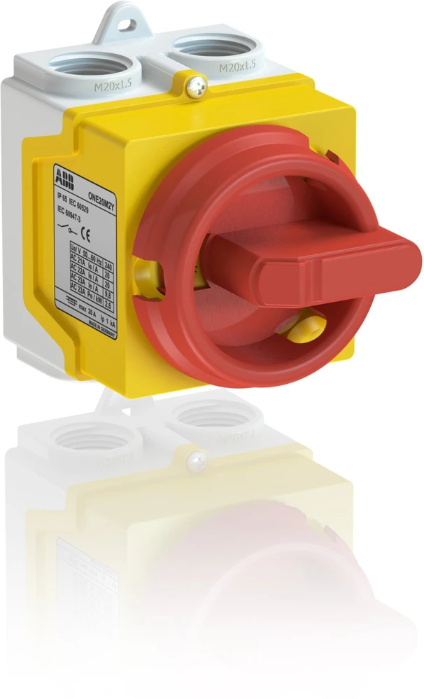 ABB Jungiklis korpuse 2P 400V AC22 20A korpuse IP67 plastikinė rankenėlė geltonai raudona ONE20M2Y 1SCA135533R1001