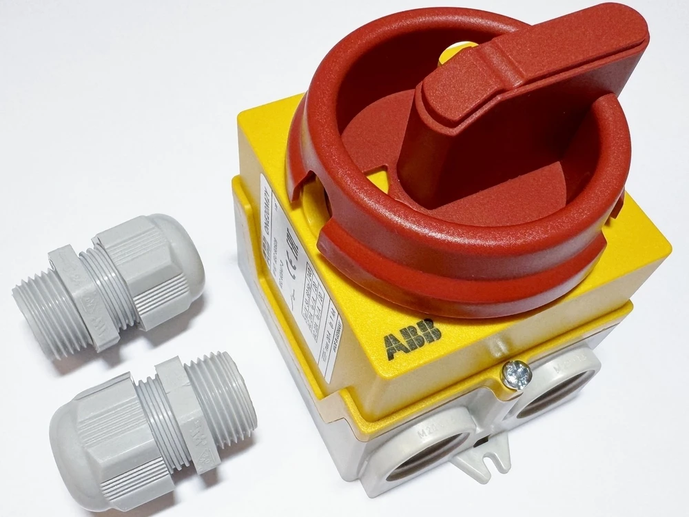 ABB Jungiklis korpuse 2P 400V AC22 20A korpuse IP67 plastikinė rankenėlė geltonai raudona ONE20M2Y 1SCA135533R1001