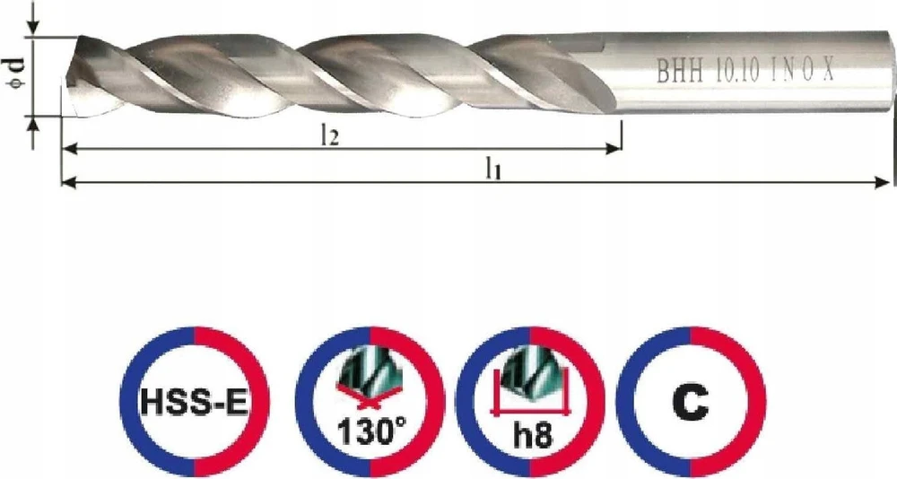 Wiertło „Baildon DIN 338 RN NWKa INOX“ nerūdijančio plieno grąžtas, 10,5 mm, HSS-E Co5 (S), 133–87 mm, 5 vnt.