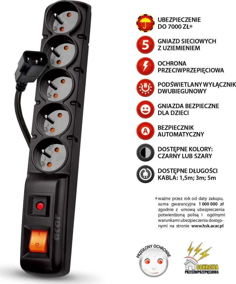 Premiumcord Acar F5 IEC viršįtampių apsauga 5 lizdai 5 m juoda (W0088)
