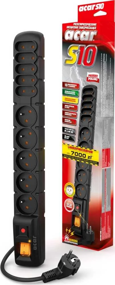 Maitinimo juosta Acar S10 viršįtampių apsauga 10 lizdų 5 m juoda (W0130)