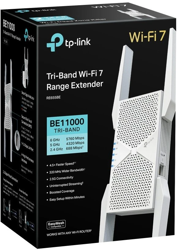 Maršrutizatorius Access Point TP-Link RE655BE Wi-Fi 7 BE11000 EasyMesh TriBand Port 2.5G Baltas