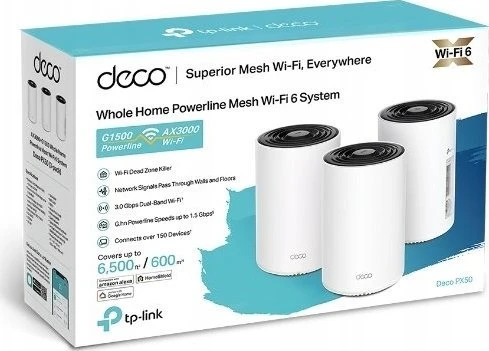 Maršrutizatorius TP-Link Deco PX50 (2 paketų) „WiFi6 Powerline Mesh“ (AX3000, 2,4 GHz / 5 GHz, 3 x GbELAN / WAN)
