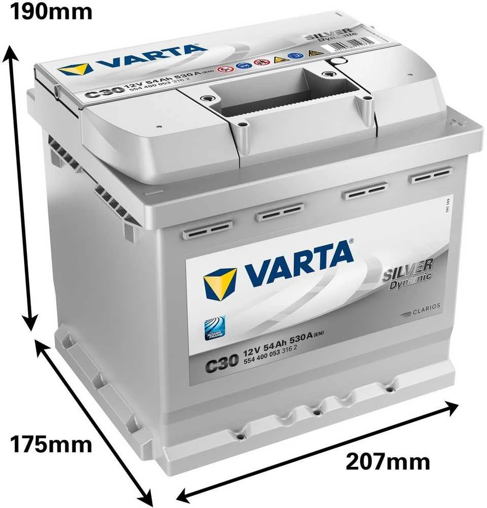 Varta Silver Dynamic akumuliatorius su matmenų schema