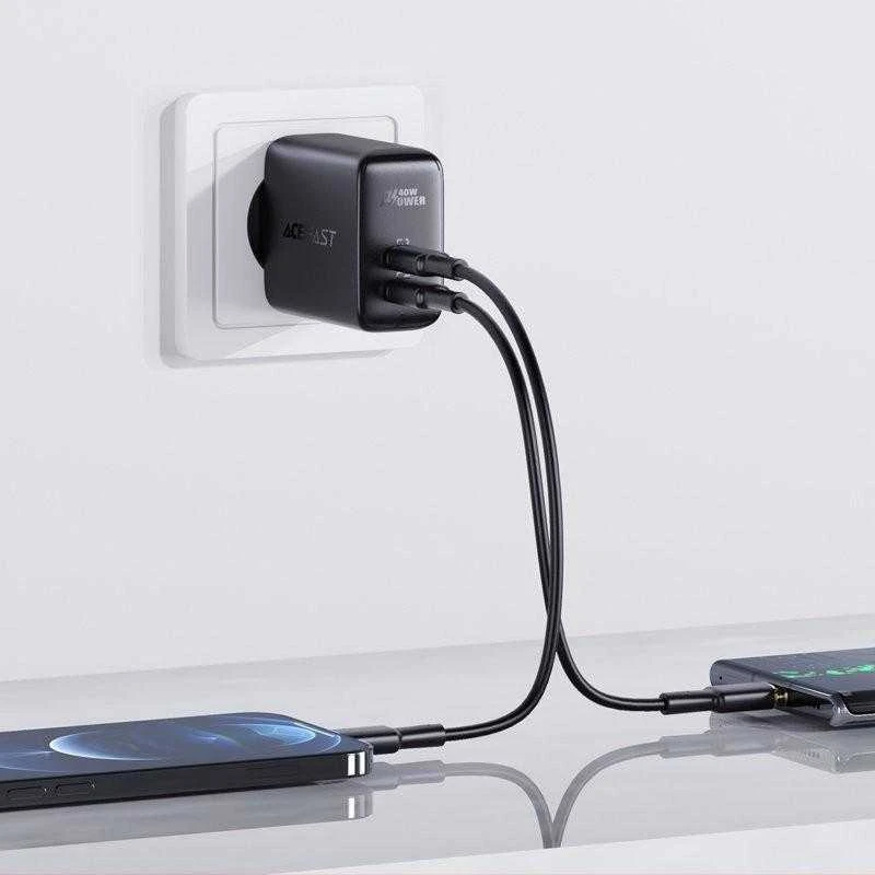 Sieninis įkroviklis Acefast A9, 2x USB-C, PD 40W (Juoda)