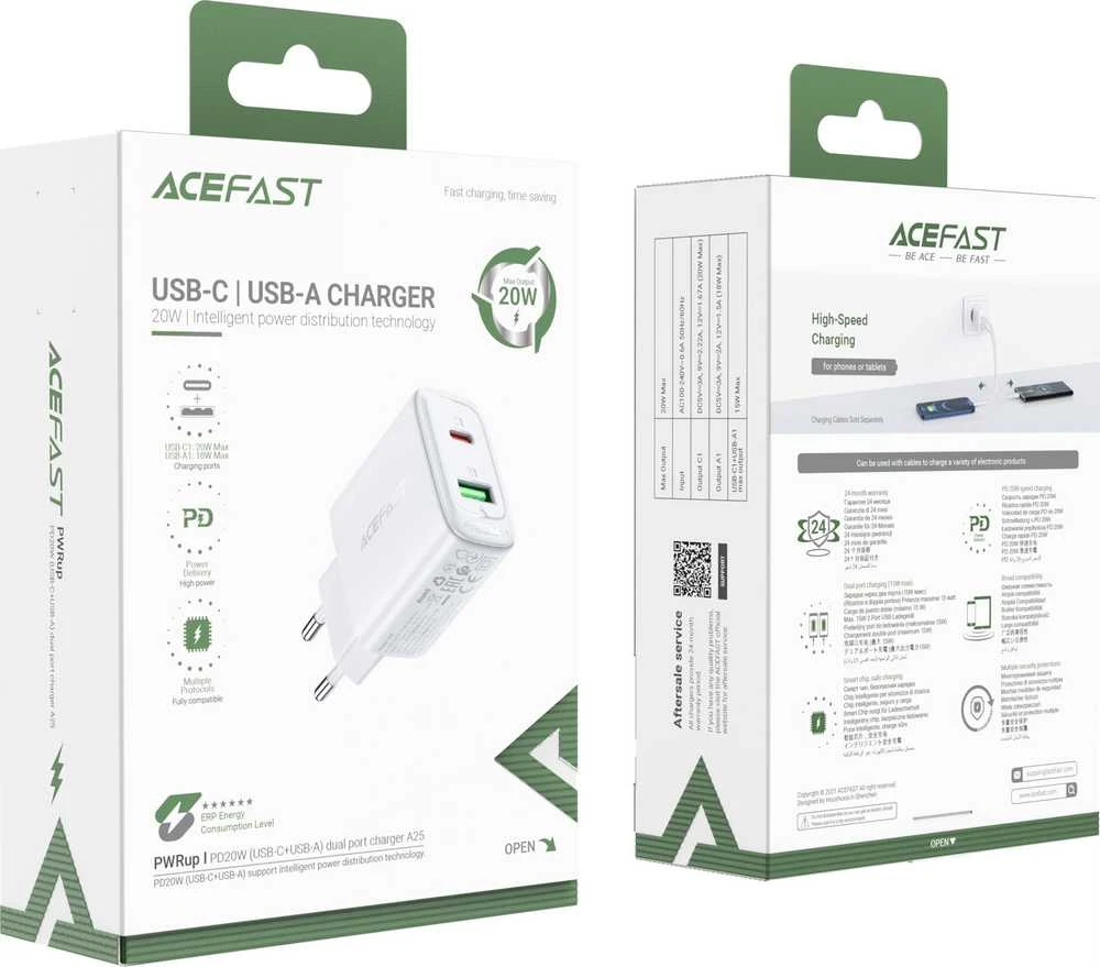 Įkroviklis buitinis Acefast A25 PD20W Type-C/USB-A baltas