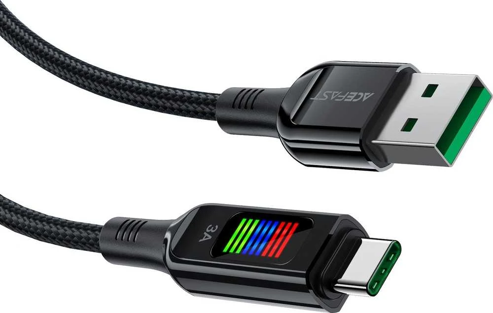 Acefast C7-04 USB-A USB-C 60W 1.2m kabelis su ekranu – juodos spalvos
