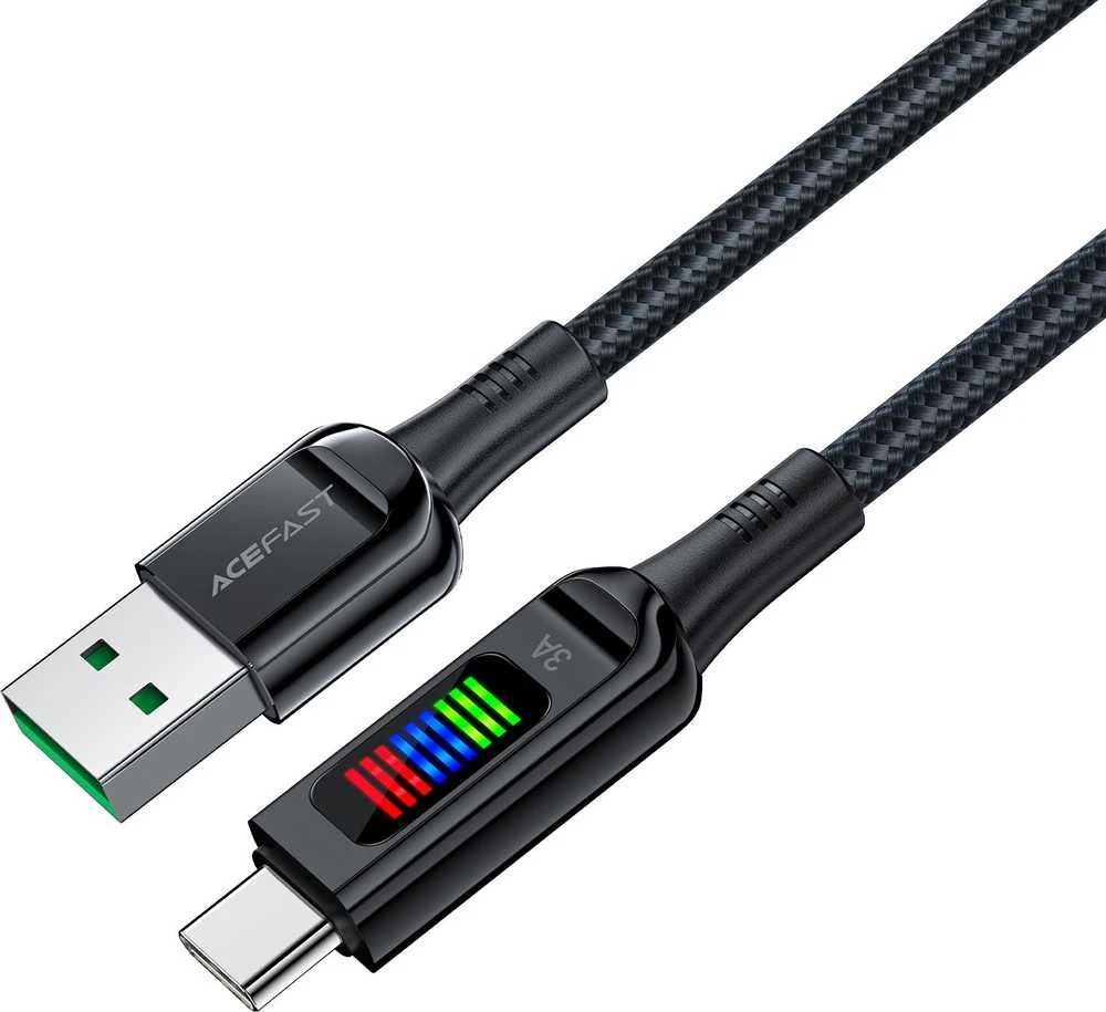 Acefast C7-04 USB-A USB-C 60W 1.2m kabelis su ekranu – juodos spalvos