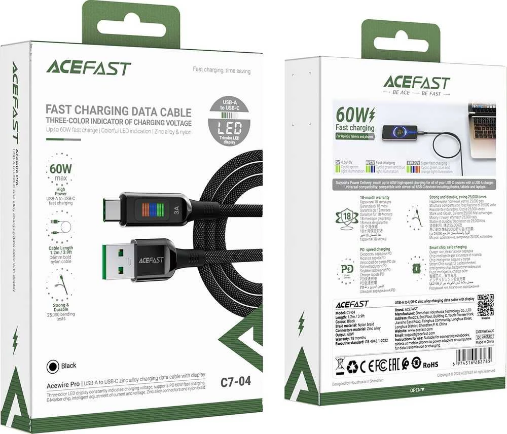Acefast C7-04 USB-A USB-C 60W 1.2m kabelis su ekranu – juodos spalvos