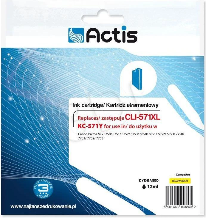 Actis Rašalo Kasetė - Canon CLI-571Y Geltona, 12 ml
