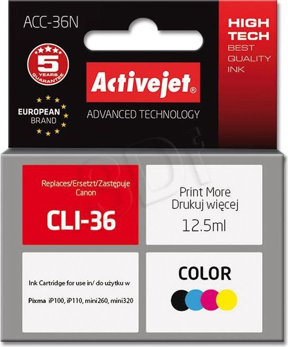 Rašalo kasetė - Activejet ACC-36N suderinama su Canon CLI-36, 12.5 ml, spalvota