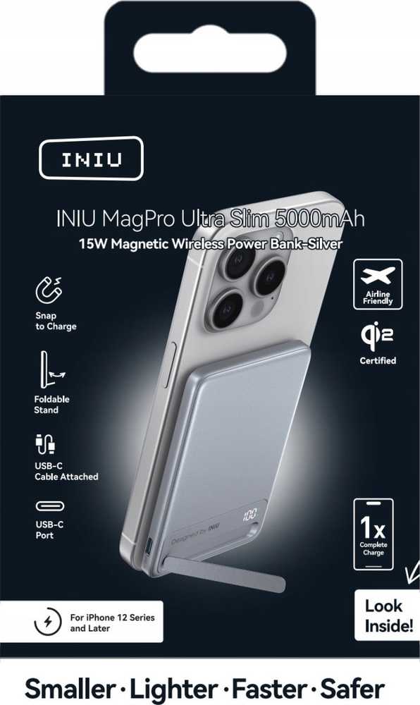Adam Elements Iniu MagPro Slim Qi2 5000 mAh 15W sidabrinė