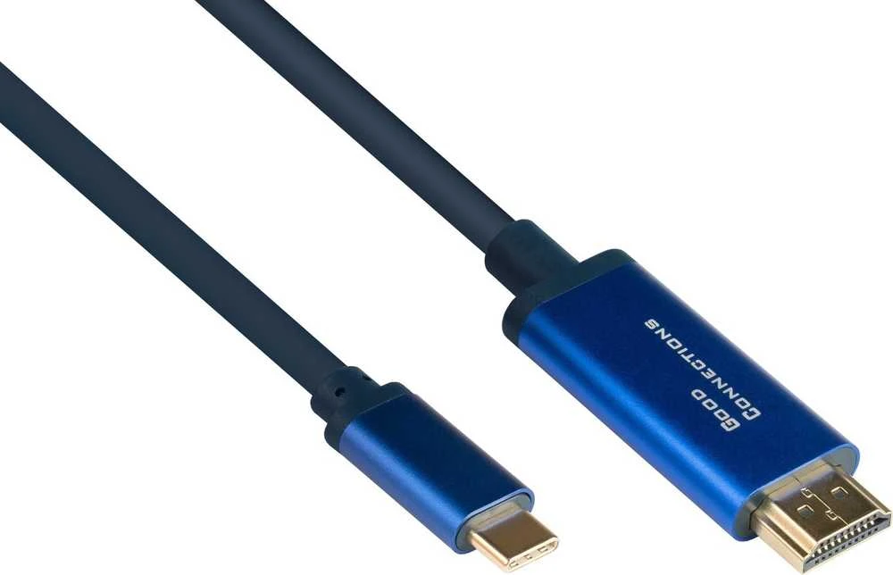 USB-C į HDMI kabelis su mėlynais metaliniais antgaliais