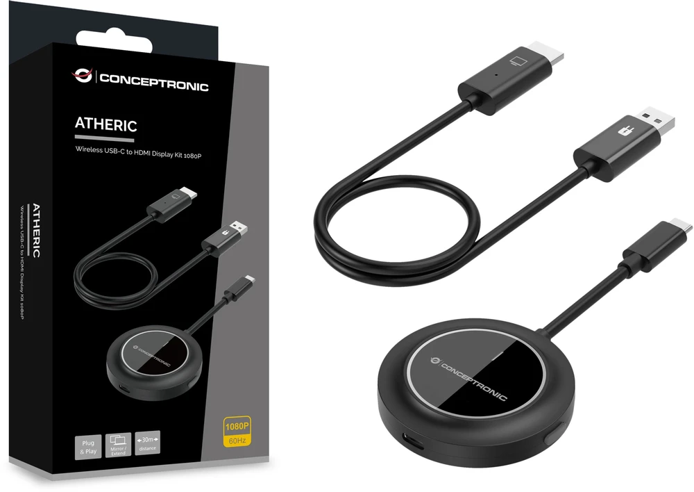 Adapteris AV Conceptronic Adapteris USB-C->HDMI Wireless 1080P/60Hz 30m sw
