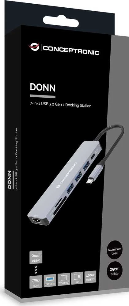 Carruzzo Conceptronic DONN19G knyginių kompiuterių dokas / jungčių replikatorius Vielinis USB 3.2 Gen 1 (3.1 Gen 1) Type-C Pilka