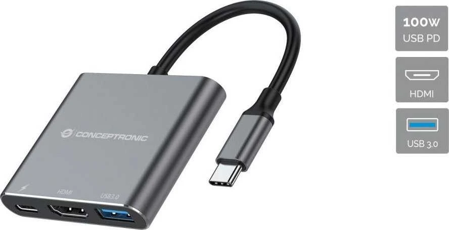 Adapteris AV Conceptronic CONCEPTRONIC Dock USB-C->HDMI,USB3.0,PD 0.25m gr