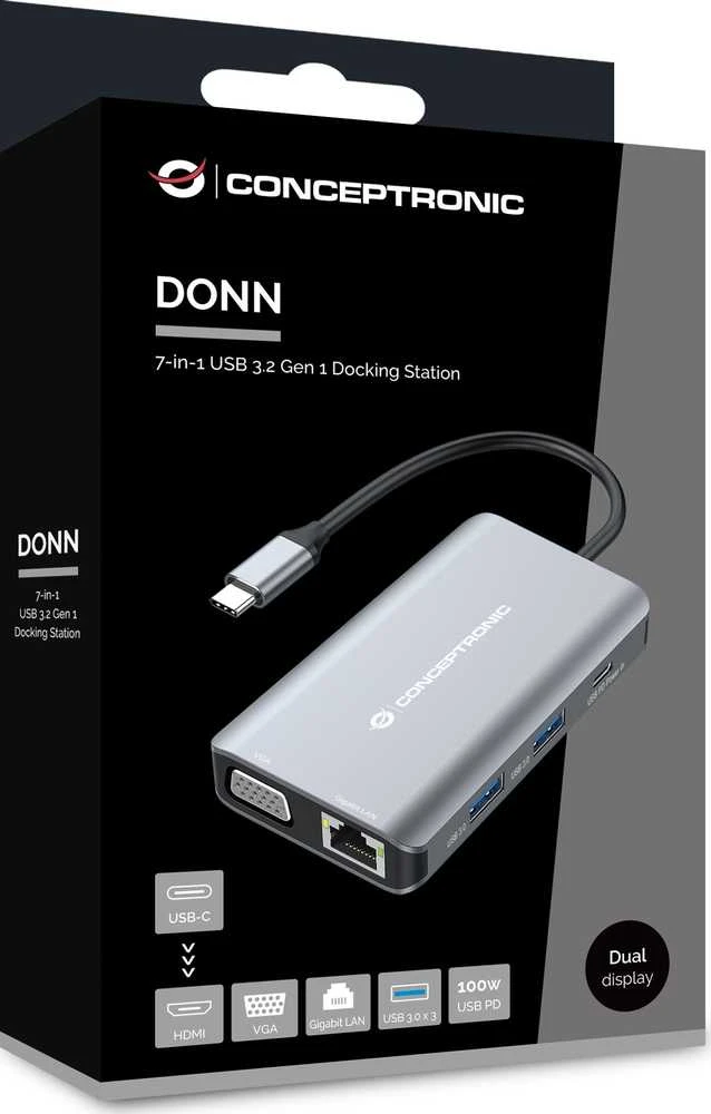 Carruzzo Conceptronic DONN21G knyginių kompiuterių dokas / jungčių replikatorius Vielinis USB 3.2 Gen 1 (3.1 Gen 1) Type-C Pilka