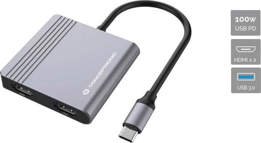 CONCEPTRONIC Adapteris USB-C->2xHDMI,USB