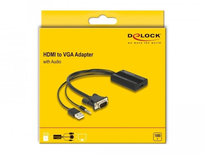 „DeLOCK“ HDMI į VGA adapteris su garsu, 25 cm, 0,25 m, HDMI A tipo (standartinis), VGA (D-Sub) + 3,5 mm + USB A tipo, lizdas, kištukas, tiesus