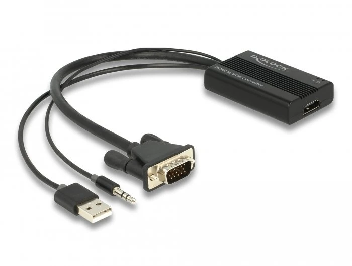 „DeLOCK“ HDMI į VGA adapteris su garsu, 25 cm, 0,25 m, HDMI A tipo (standartinis), VGA (D-Sub) + 3,5 mm + USB A tipo, lizdas, kištukas, tiesus