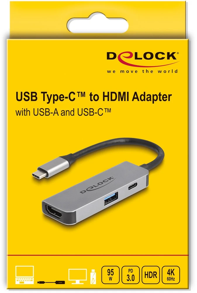 Delock USB C tipo į HDMI 4K 60 Hz adapteris su USB A tipo ir USB C tipo jungtimis, PD 95 W