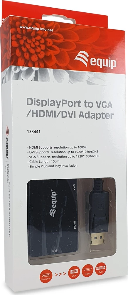 Adapteris AV Equip Equip Displayport->HDMI/VGA/DVI Adapteris St/Bu juodas
