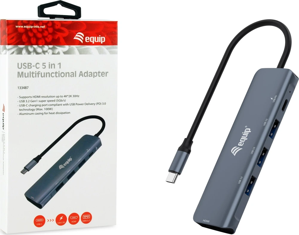 Adapteris AV Equip Equip Dock USB-C->HDMI,3xUSB3.0,100WPD 4K30Hz 0.25m gr