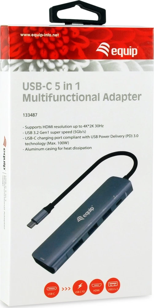 Adapteris AV Equip Equip Dock USB-C->HDMI,3xUSB3.0,100WPD 4K30Hz 0.25m gr
