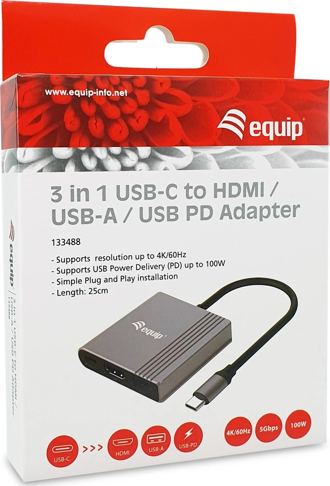 Adapteris AV Equip Equip Dock USB-C->HDMI,USB3.0,100WPD 4K60Hz 0.15m gr