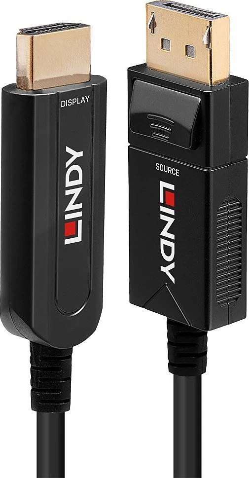 Lindy DisplayPort į HDMI laido jungtys su Source ir Display žymomis