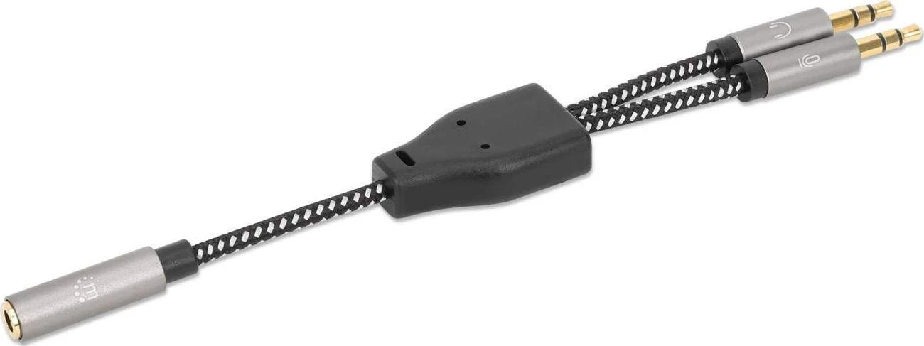 „Manhattan“ ausinių adapteris kabelis su stereo garso Aux Y skirstytuvu, 3,5 mm moteriškas (4 kontaktų) iki 2 x 3,5 mm vyriškas (3 kontaktų), 15 cm, atskiriamas vienos ausinės prijungimas prie mikrofono ir garso kištukai, CTIA, paauksuoti kontaktai, pintas nailonas, Juodas/Sida612