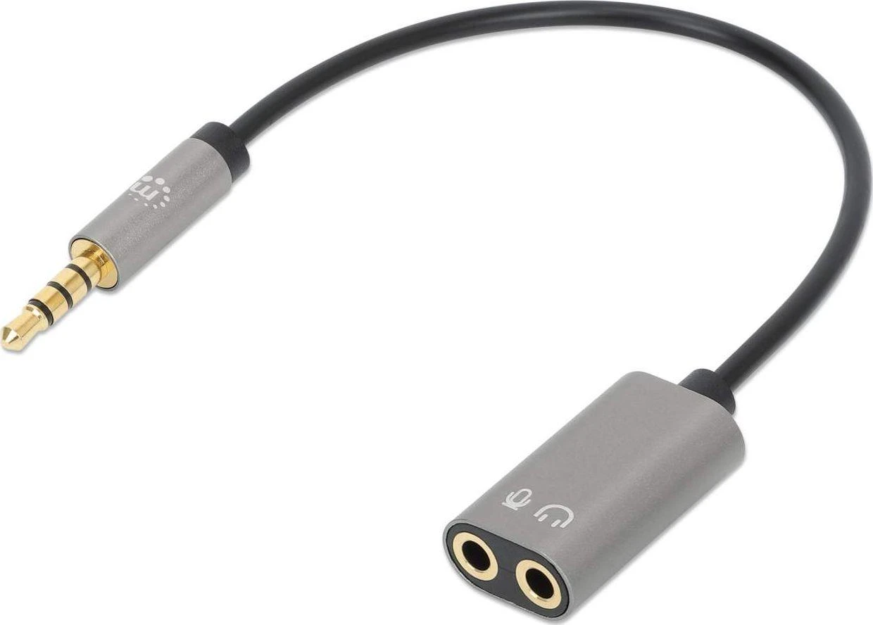 Manhattan 3,5 mm 4 kontaktų M į 2 x 3,5 mm 3 kontaktų F garso kabelio adapteris, 0,2 m, 356107