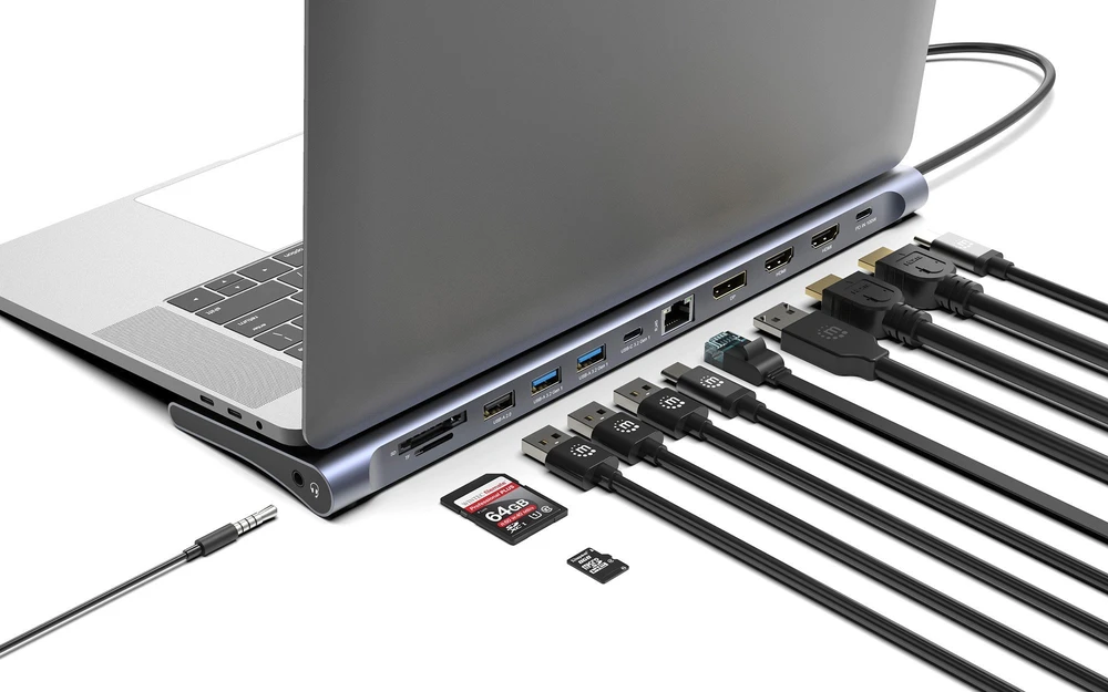 Manhattan 190305 knyginių kompiuterių dokas / jungčių replikatorius Vielinis USB 3.2 Gen 1 (3.1 Gen 1) Type-C Sidabras