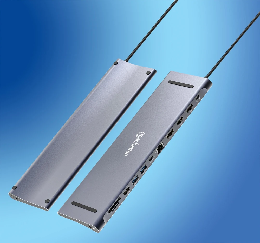 Manhattan MH 190305 11 viename USB (3.2) tipo C prijungimo stotis su trigubu monitoriumi, kelių prievadų