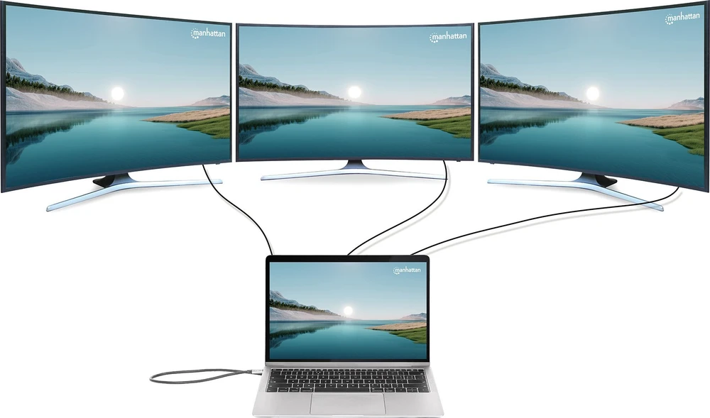 Manhattan MH 190305 11 viename USB (3.2) tipo C prijungimo stotis su trigubu monitoriumi, kelių prievadų