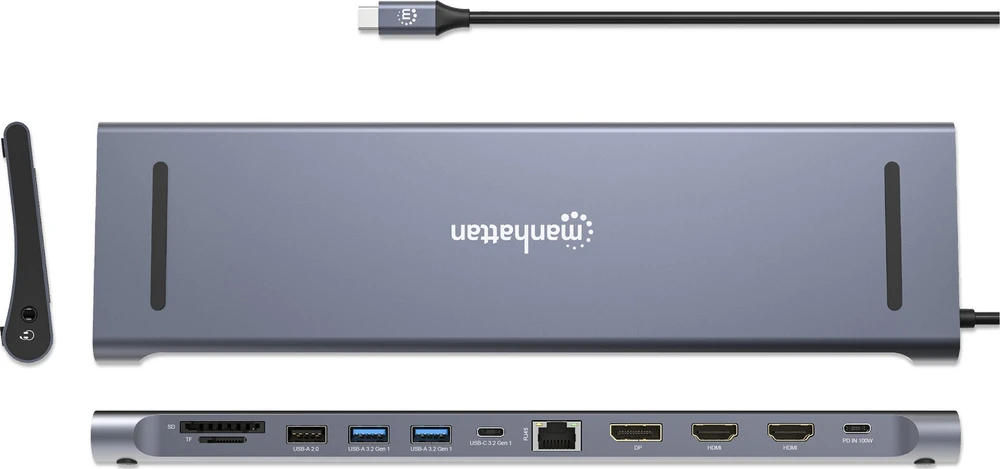 Manhattan MH 190305 11 viename USB (3.2) tipo C prijungimo stotis su trigubu monitoriumi, kelių prievadų