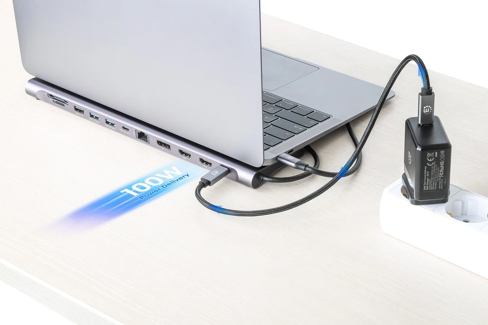 Manhattan MH 190305 11 viename USB (3.2) tipo C prijungimo stotis su trigubu monitoriumi, kelių prievadų