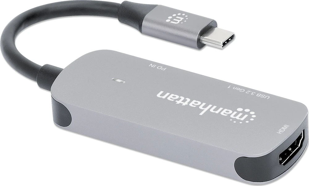 Adapteris AV Manhattan MANHATTAN USB-C į HDMI 3-in-1 prijungimo keitiklis USB 3.2 Type-C Vyriškas į HDMI 4K60Hz USB-A 5 Gbit/s ir USB-C maitinimo tiekimas 100W