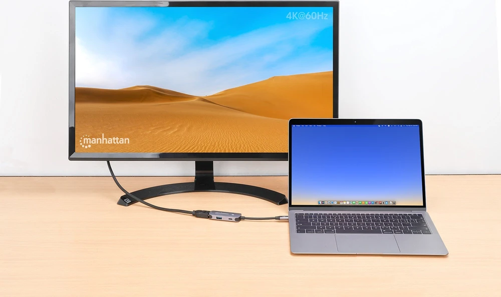 Adapteris AV Manhattan MANHATTAN USB-C į HDMI 3-in-1 prijungimo keitiklis USB 3.2 Type-C Vyriškas į HDMI 4K60Hz USB-A 5 Gbit/s ir USB-C maitinimo tiekimas 100W