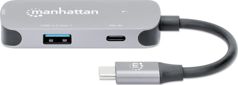Adapteris AV Manhattan MANHATTAN USB-C į HDMI 3-in-1 prijungimo keitiklis USB 3.2 Type-C Vyriškas į HDMI 4K60Hz USB-A 5 Gbit/s ir USB-C maitinimo tiekimas 100W