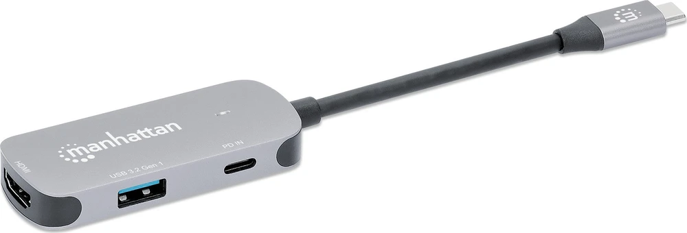 Adapteris AV Manhattan MANHATTAN USB-C į HDMI 3-in-1 prijungimo keitiklis USB 3.2 Type-C Vyriškas į HDMI 4K60Hz USB-A 5 Gbit/s ir USB-C maitinimo tiekimas 100W
