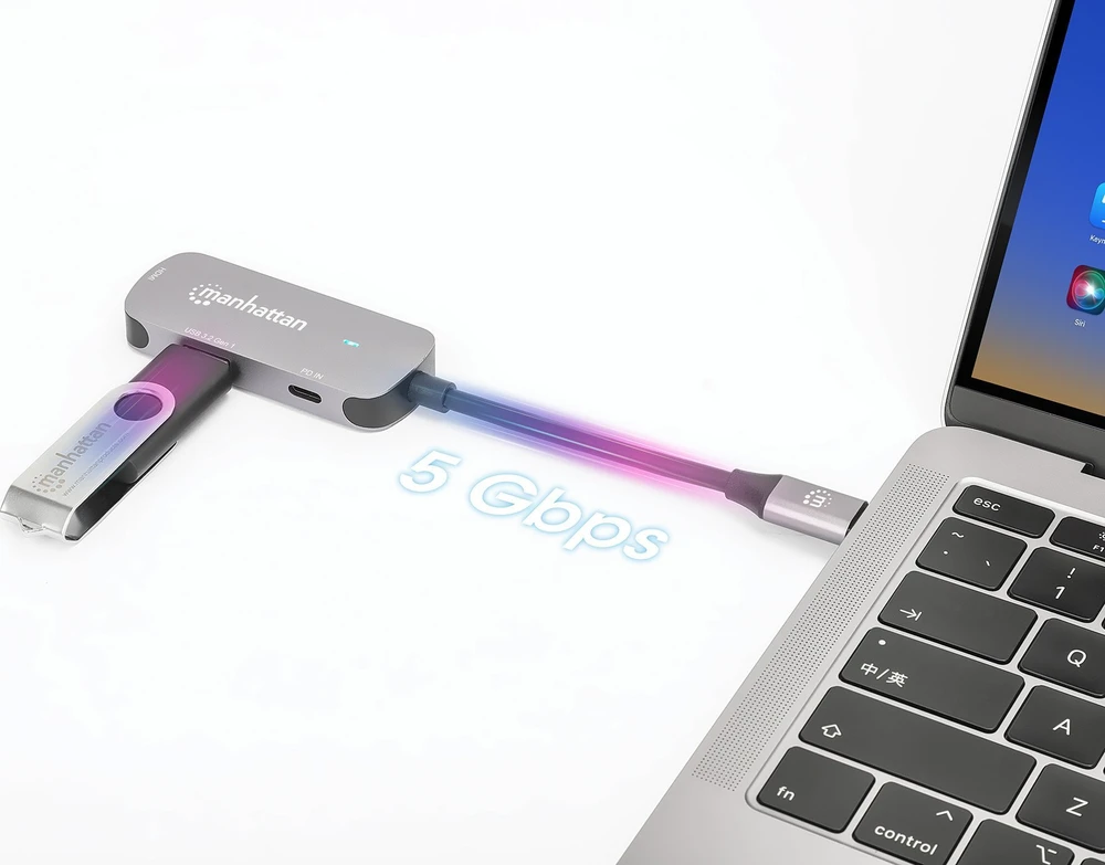 Adapteris AV Manhattan MANHATTAN USB-C į HDMI 3-in-1 prijungimo keitiklis USB 3.2 Type-C Vyriškas į HDMI 4K60Hz USB-A 5 Gbit/s ir USB-C maitinimo tiekimas 100W