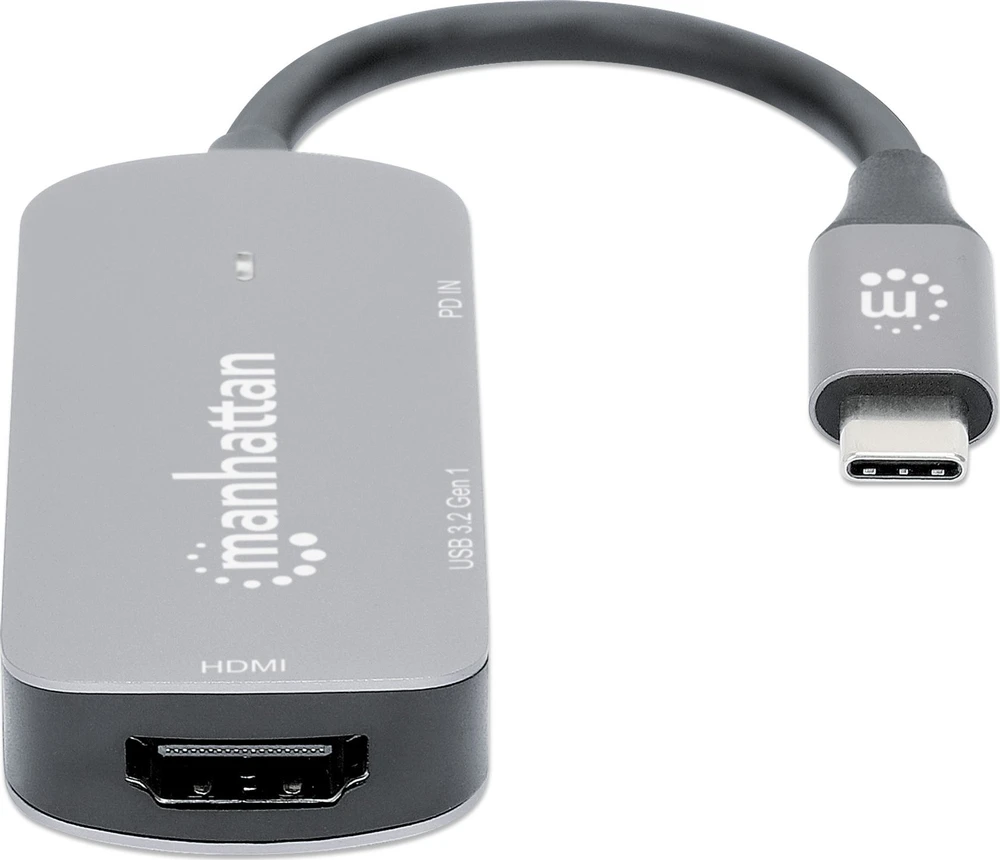 Adapteris AV Manhattan MANHATTAN USB-C į HDMI 3-in-1 prijungimo keitiklis USB 3.2 Type-C Vyriškas į HDMI 4K60Hz USB-A 5 Gbit/s ir USB-C maitinimo tiekimas 100W
