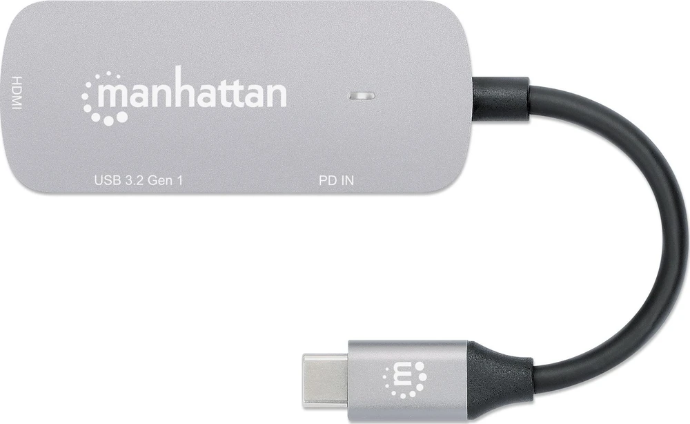 Adapteris AV Manhattan MANHATTAN USB-C į HDMI 3-in-1 prijungimo keitiklis USB 3.2 Type-C Vyriškas į HDMI 4K60Hz USB-A 5 Gbit/s ir USB-C maitinimo tiekimas 100W